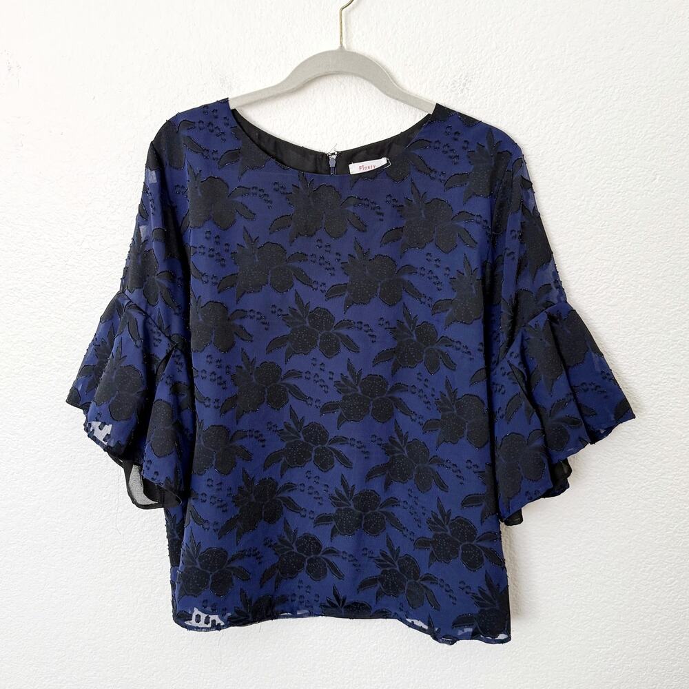 [Finery London] Blue Black Floral Print Round Neck Ruffle Sleeve Blouse Size 14